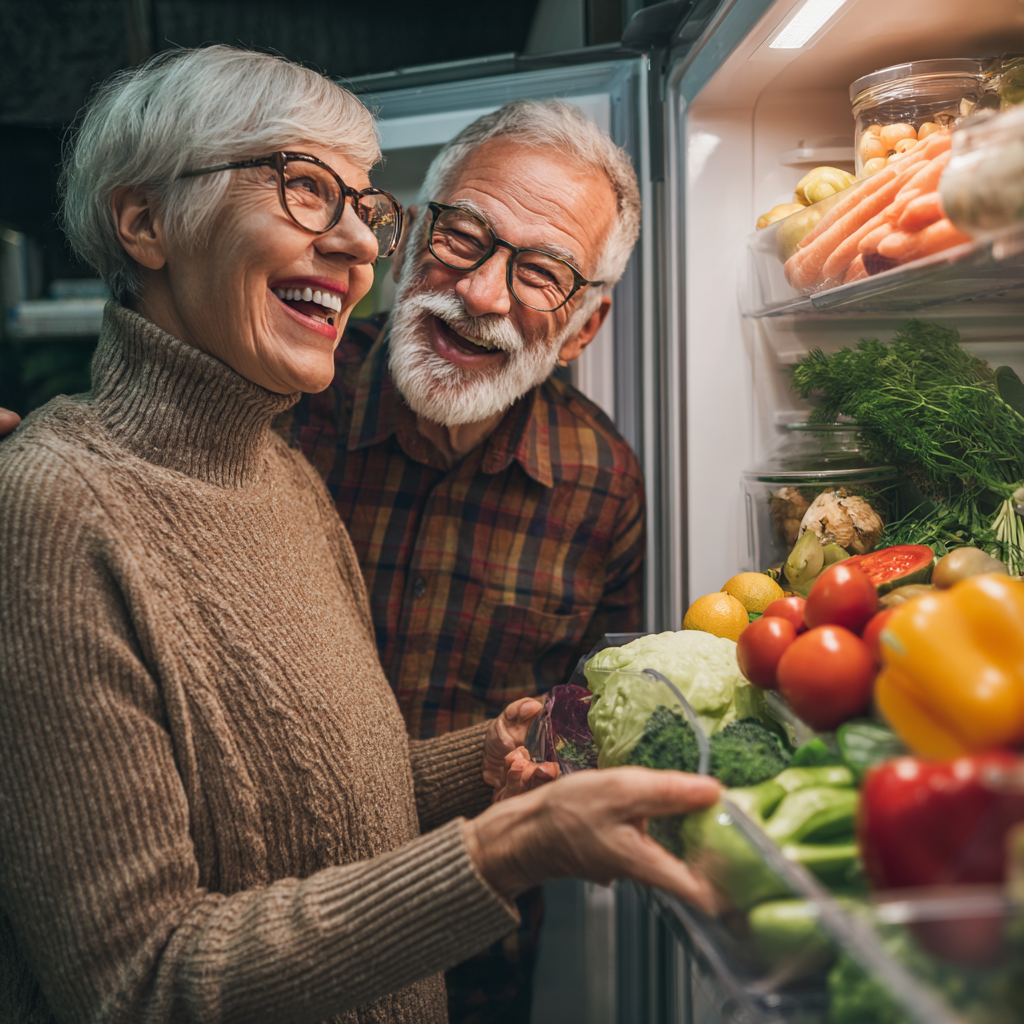 Happy middle-aged Ukrainian woman preparing healthy meal with fresh vegetables and fruits in a bright kitchen