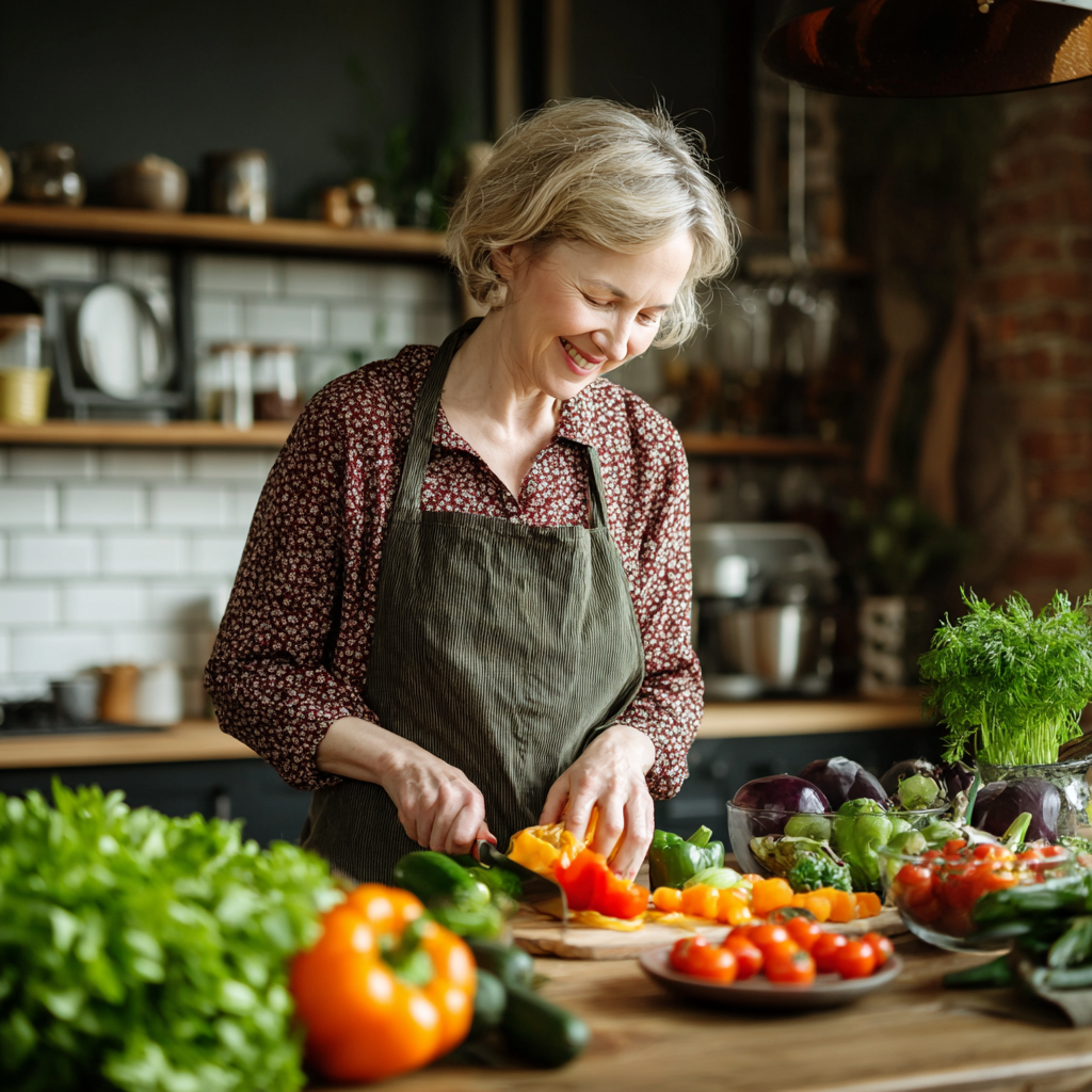 Smiling Ukrainian senior couple enjoying healthy breakfast together at home kitchen table with colorful fresh foods